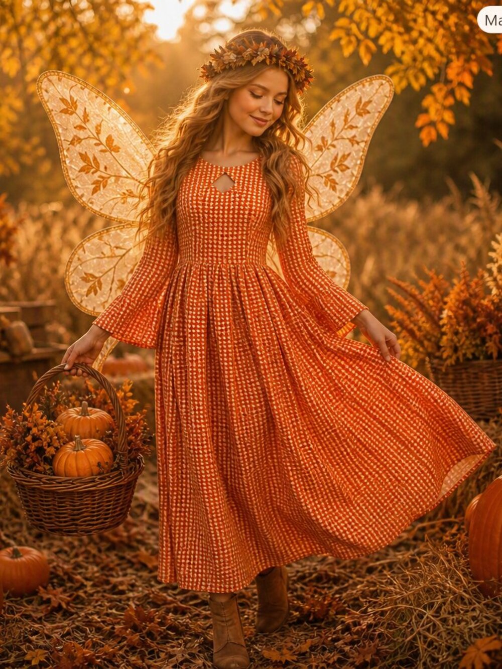 Orange Houndstooth Prairie Dress with Diamond Keyhole At Neckline